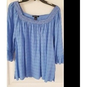 By Design  2X Womens light blue peasant top 3/4 sleeve square neck embroidered